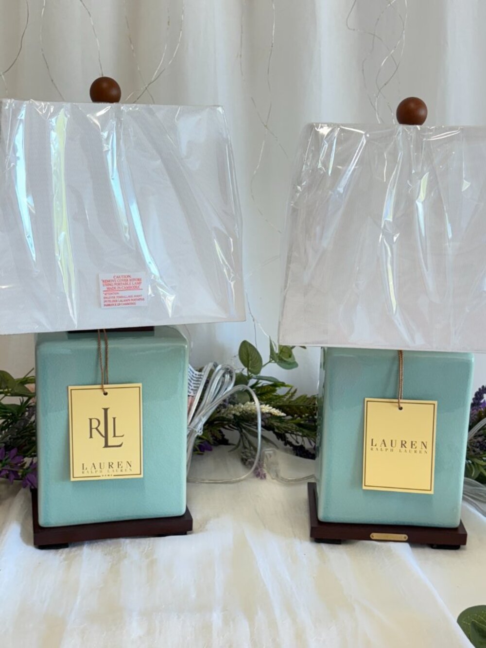 RALPH LAUREN HOME Turquoise Blue Crackle Glaze Ceramic Table Lamps 17x9x7 PAIR - Picture 1 of 14
